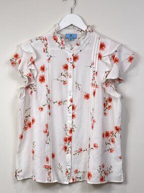 CeCe Womens XL White Floral Ruffle Sleeve Pintuck Blouse High Neck Top